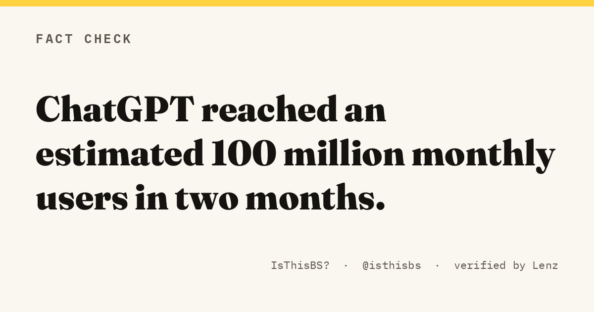 ChatGPT reached an estimated 100 million monthly users in two months.
